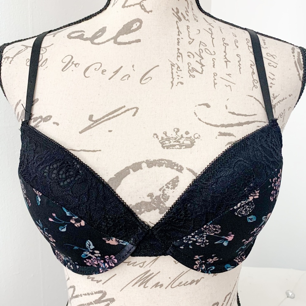 NEW Kensie Lingerie Lightly Padded Underwire Lace Sides Bra Black Floral 34C